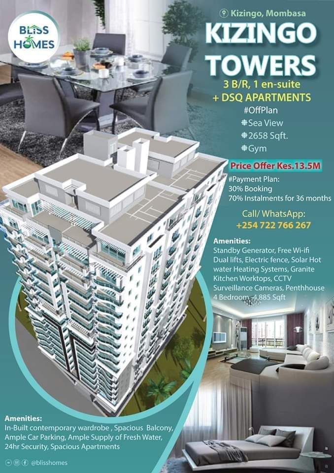 KIZINGO MUMTZ TOWERS || 3 B/R+DSQ || 2658Sq.Ft ||  FOR SALE-KES.13,500,000